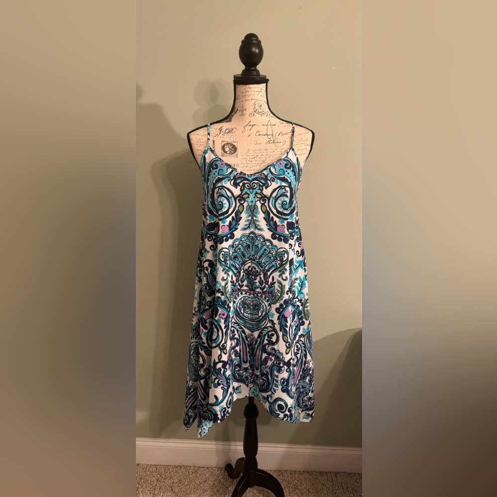 Charming Charlie Blue Print Handkerchief Hem Sleeveless Dress Size Small